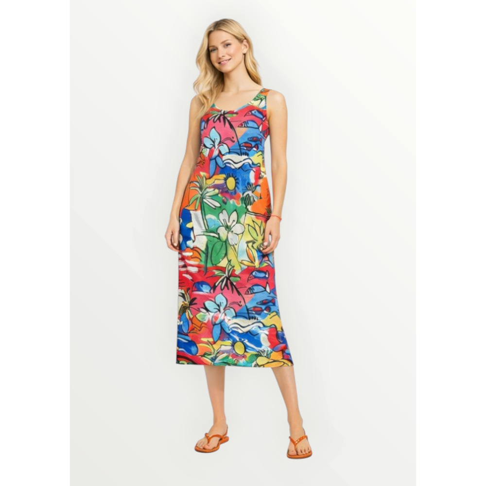 NEW CHICO'S FLAME SCARLET TROPICAL SUN SCOOP NECK MAXI DRESS SZ 1